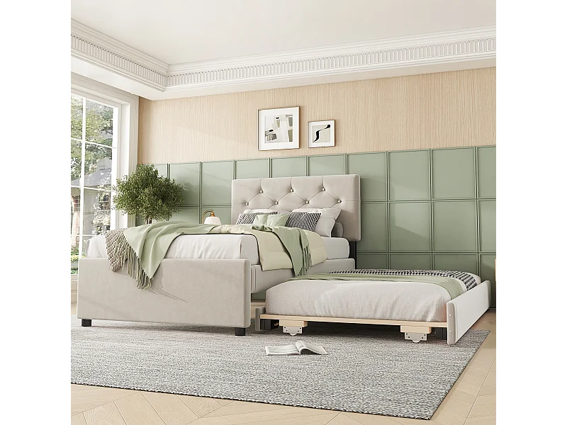 Lit gigogne 90 x 200 cm + 90 x 190 cm avec tête de lit - velours - beige (sans matelas)