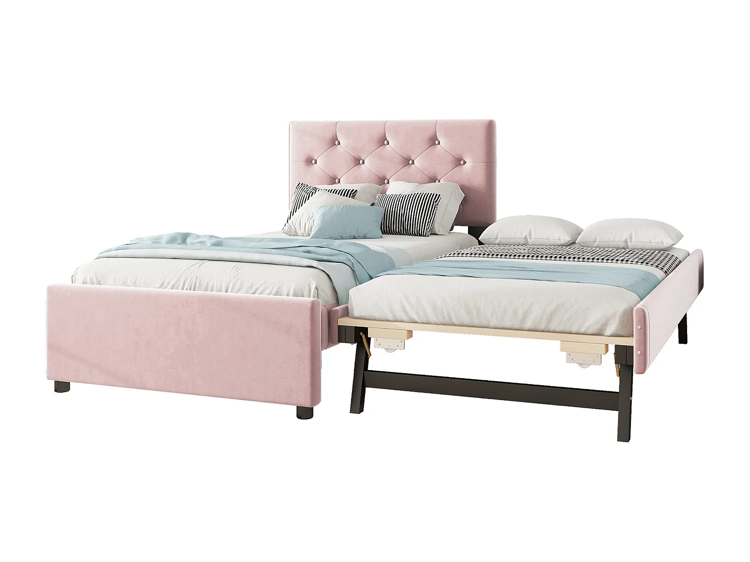 Onderschuifbed 90 x 200 cm + 90 x 190 cm met hoofdeinde - fluweel - roze (zonder matras)