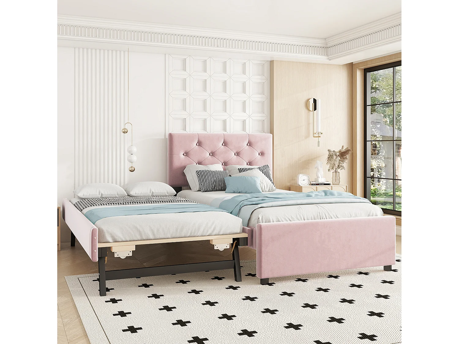 Lit gigogne 90 x 200 cm + 90 x 190 cm avec tête de lit - velours - rose (sans matelas)