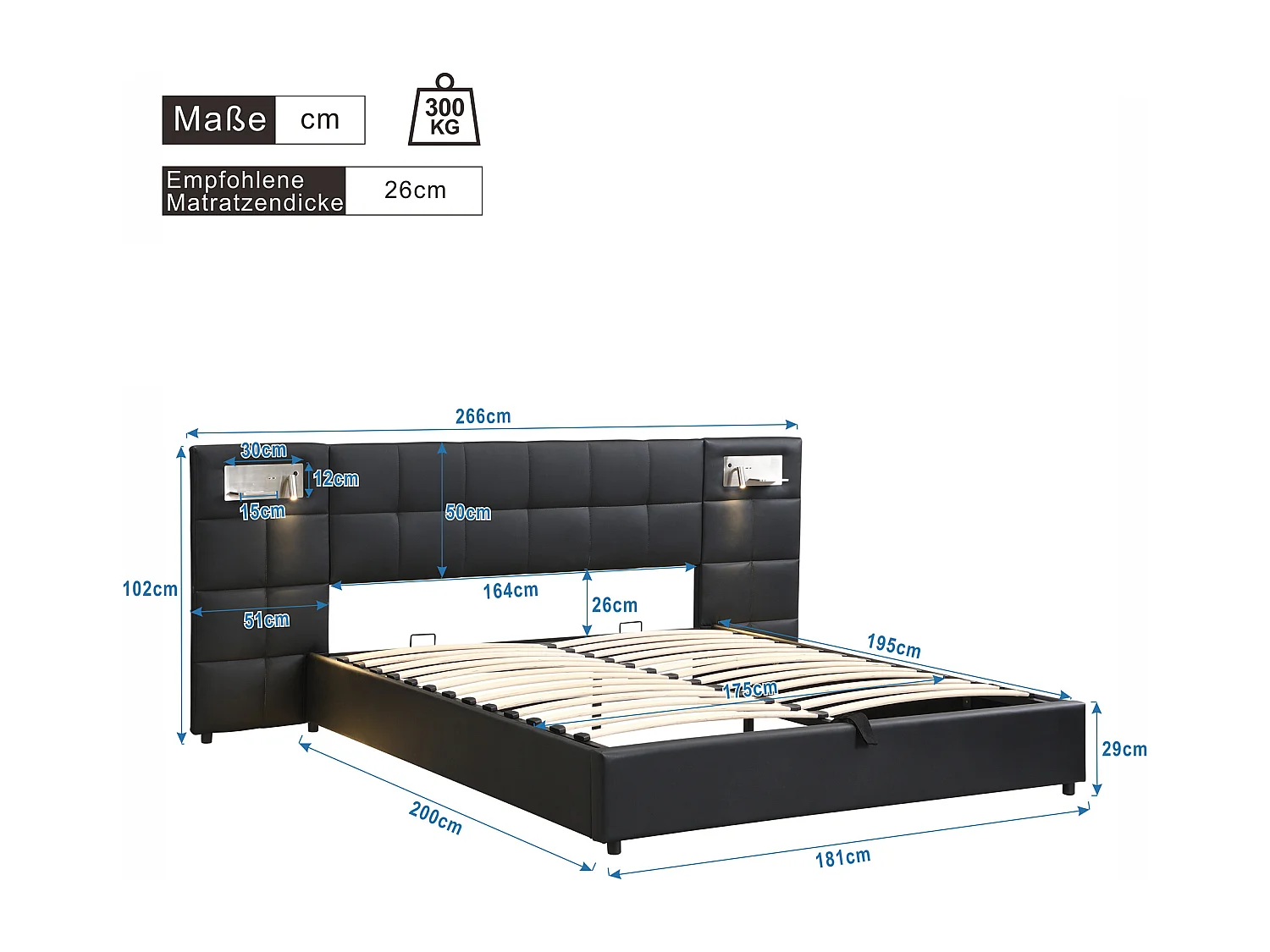 Cama de armazenamento 180 x 200 cm com cabeceira grande - Porta USB e carregamento sem fio e luminária - Tecido de linho - Preto (sem colchão)