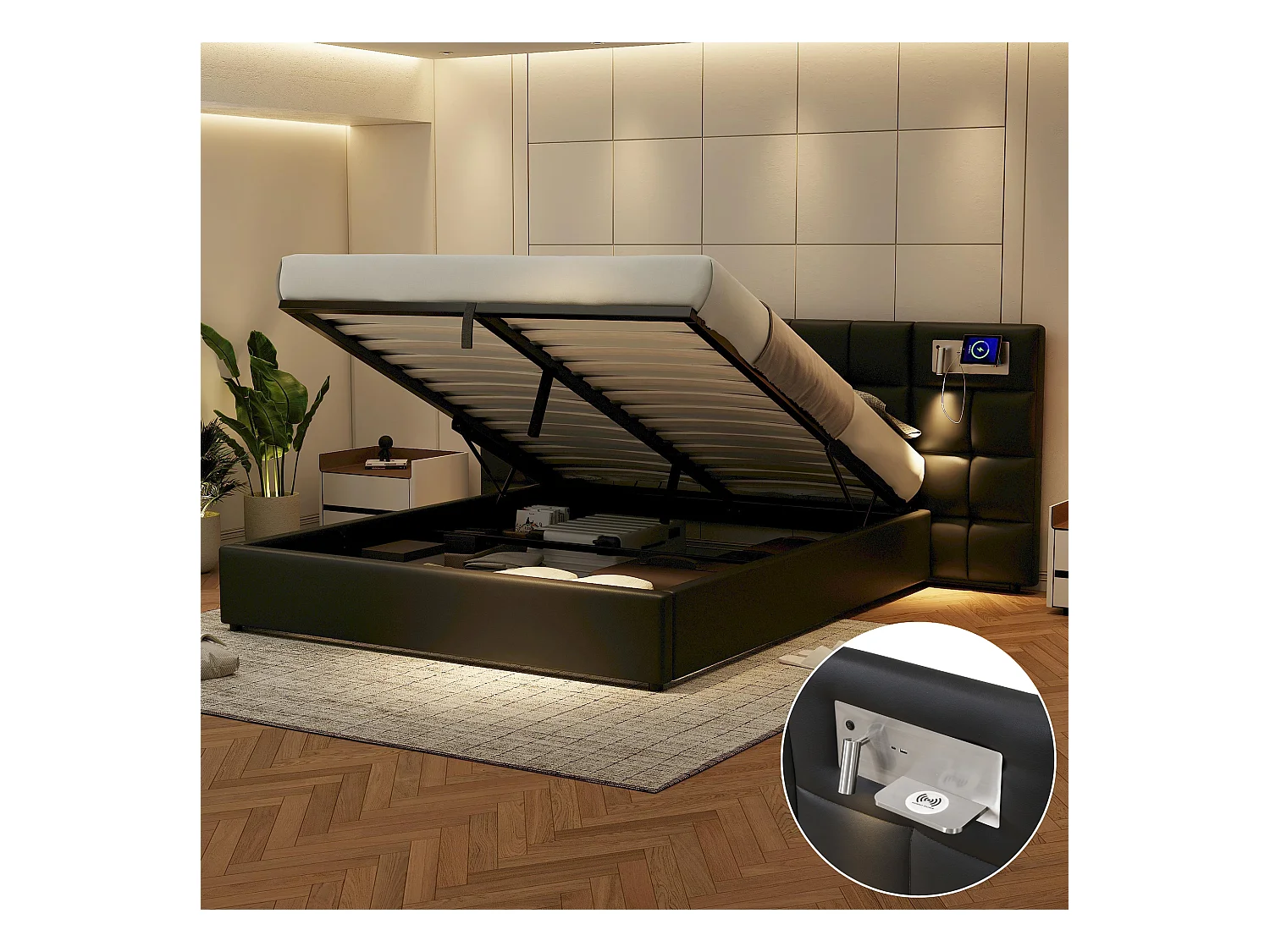 Lit coffre 180 x 200 cm avec grande tête de lit - Port USB & recharge sans fil & lampe lumineuse - Tissu en lin - Noir (sans matelas)
