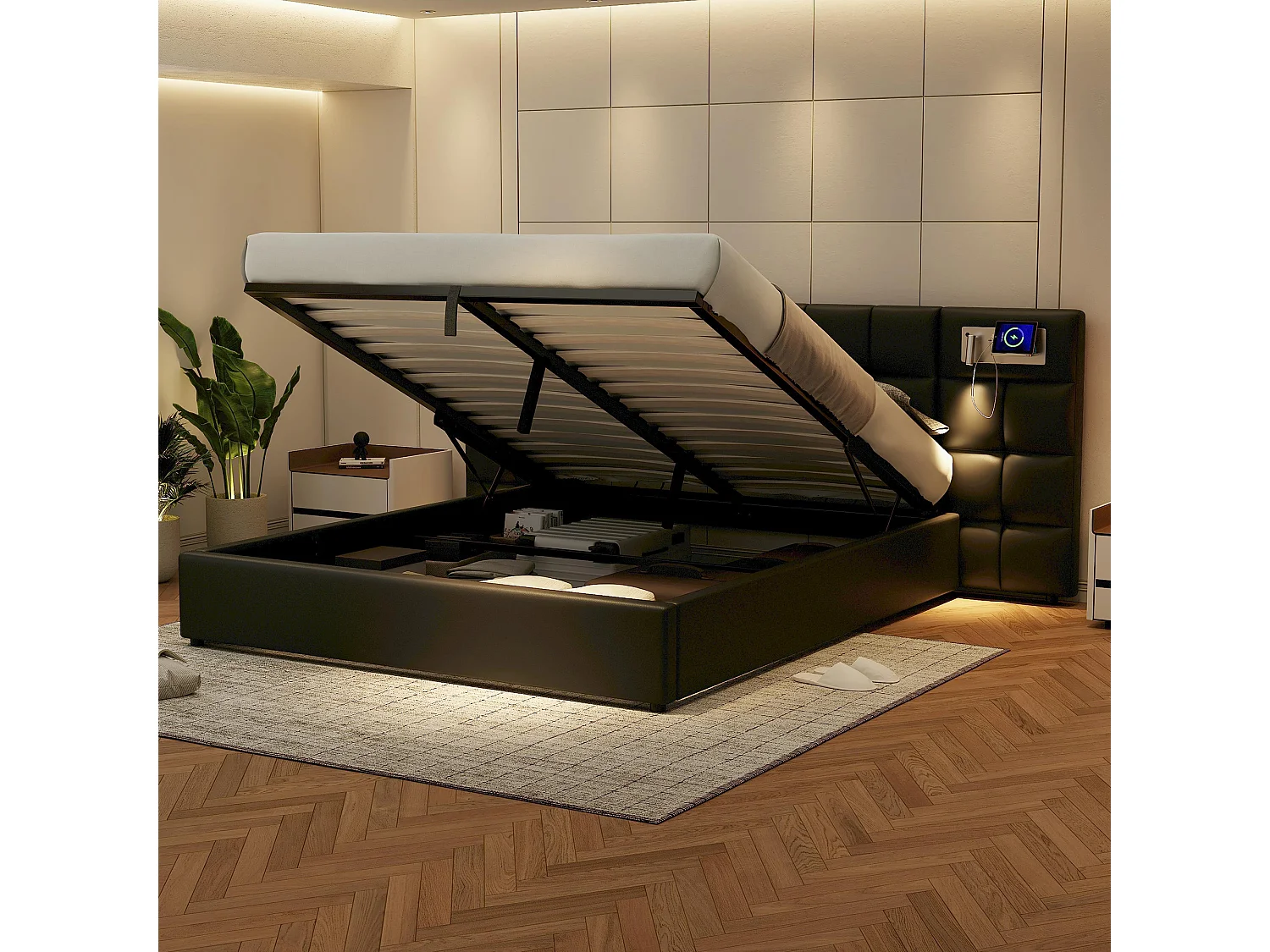 Stauraumbett 180 x 200 cm mit großem Kopfteil – USB-Anschluss & kabelloses Laden & Lichtlampe – Leinenstoff – Schwarz (ohne Matratze)