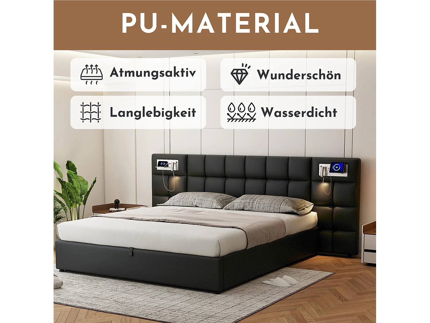 Stauraumbett 180 x 200 cm mit großem Kopfteil – USB-Anschluss & kabelloses Laden & Lichtlampe – Leinenstoff – Schwarz (ohne Matratze)