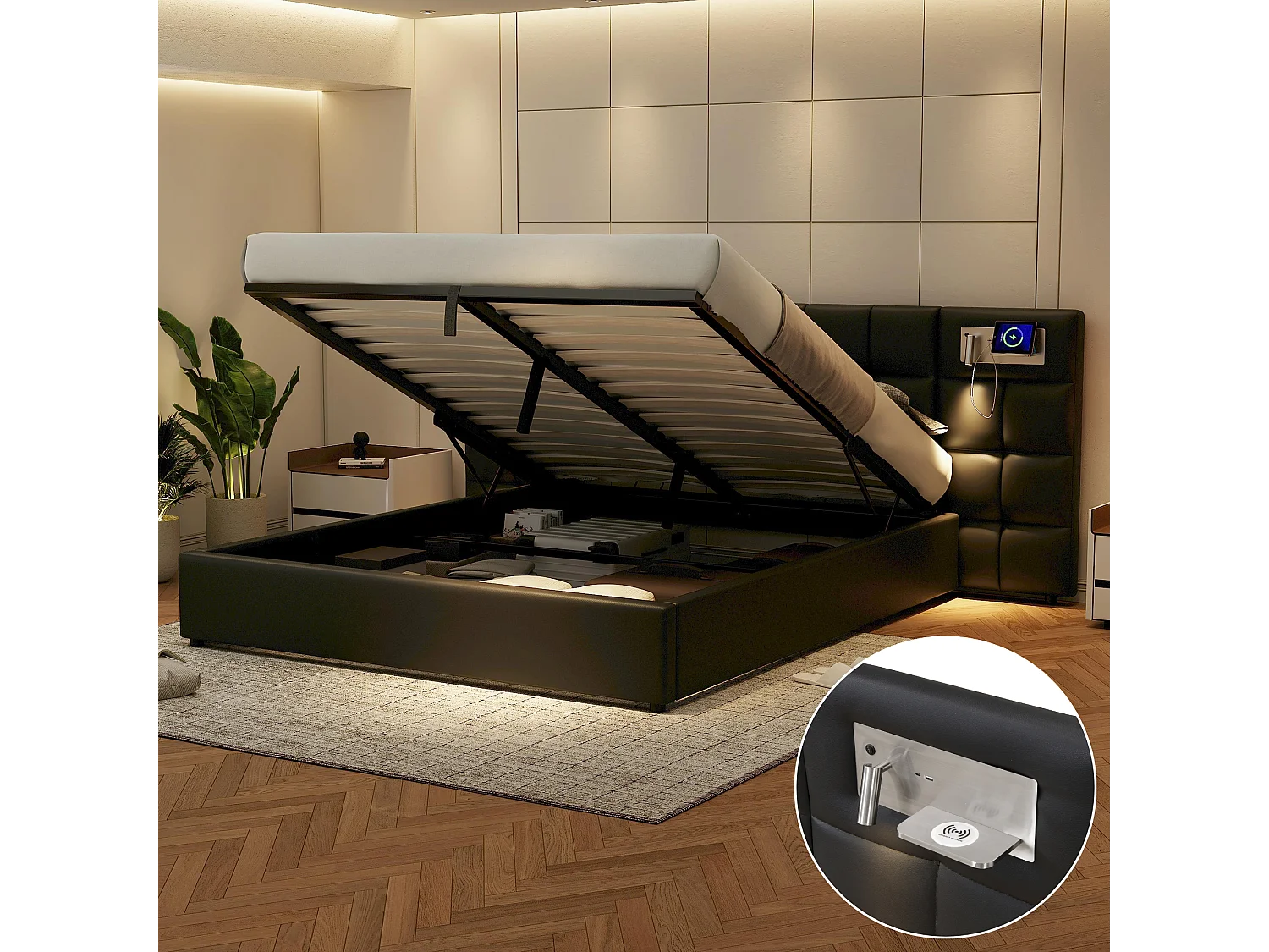 Cama contenedor 180 x 200 cm con cabecero grande - Puerto USB y carga inalámbrica y lámpara - Tela de lino - Negro (sin colchón)