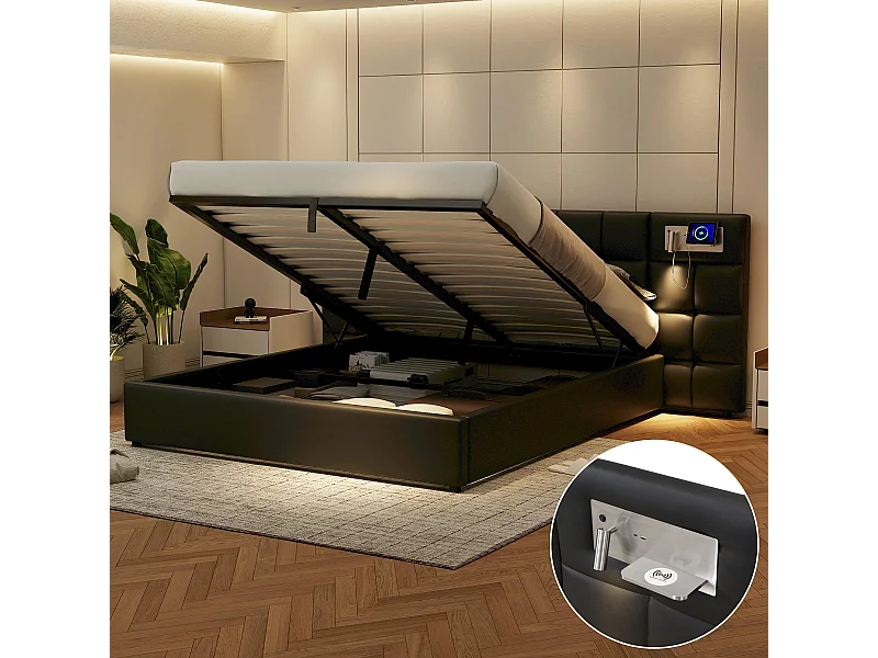 Opbergbed 180 x 200 cm met groot hoofdbord - USB-poort & draadloos opladen & lichtlamp - Linnen stof - Zwart (zonder matras)