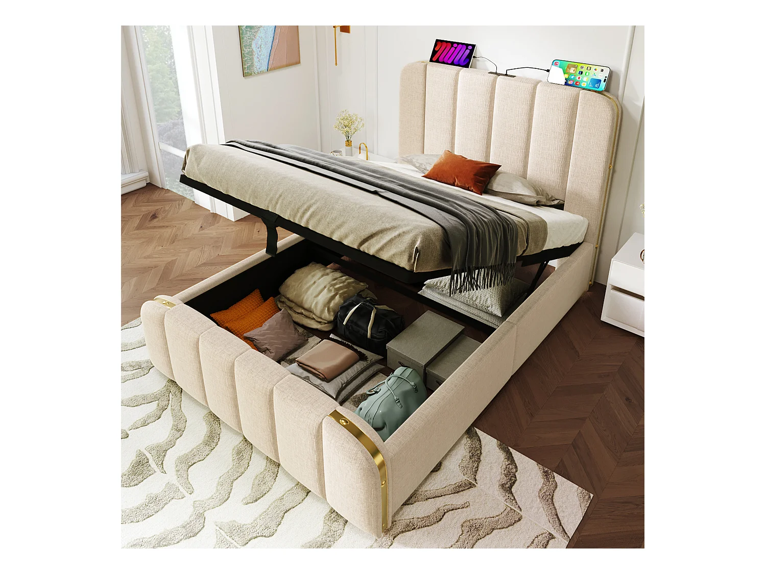 Lit coffre 90 x 200 cm avec tête de lit - prise USB Type-C - tissu en lin - beige (sans matelas)