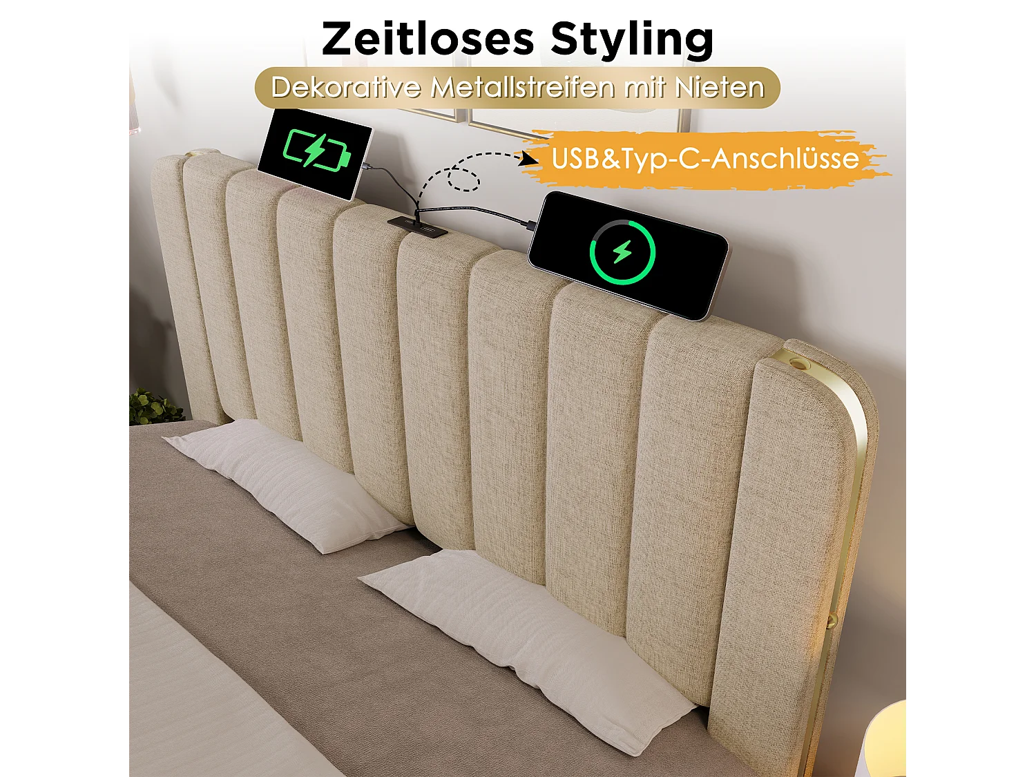 Łóżko ze schowkiem 90 x 200 cm z zagłówkiem - gniazdo USB Type-C - tkanina lniana - beżowe (bez materaca)