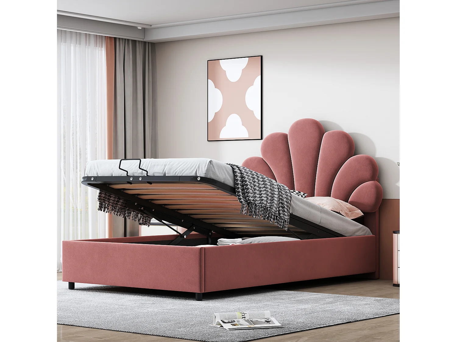 Stauraumbett 90 x 200 cm mit verstellbarem geblümtem Kopfteil – Samtstoff – Rosa (ohne Matratze)