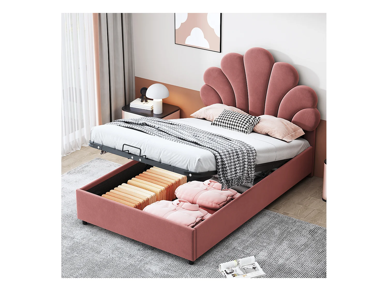 Lit coffre 90 x 200 cm avec tête de lit fleurie réglable - tissu velours - rose (sans matelas)