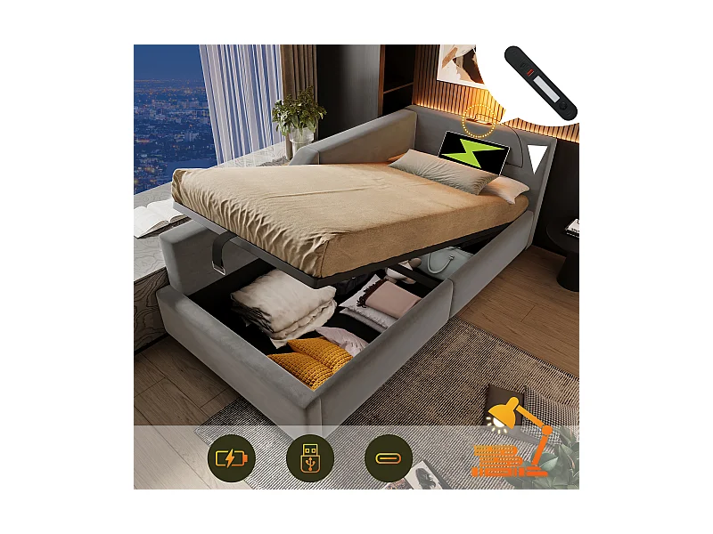 Bettkasten 90 x 190 cm, Schlafsofa mit Leselampe und USB-C-Buchse – Samt – Grau (ohne Matratze)