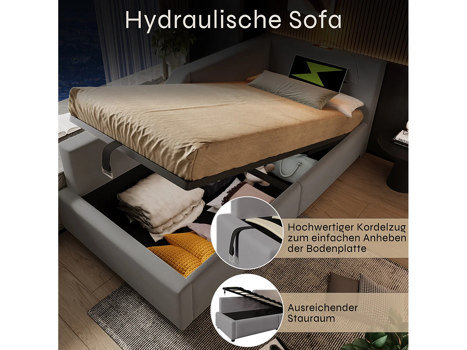 Bettkasten 90 x 190 cm, Schlafsofa mit Leselampe und USB-C-Buchse – Samt – Grau (ohne Matratze)