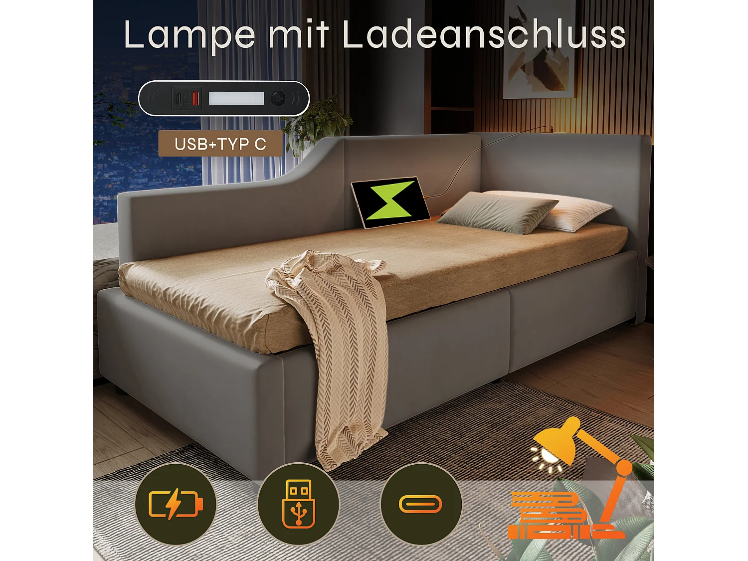Bettkasten 90 x 190 cm, Schlafsofa mit Leselampe und USB-C-Buchse – Samt – Grau (ohne Matratze)