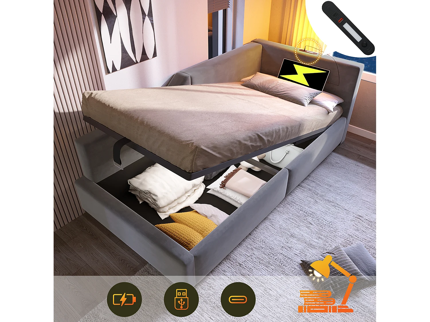 Lit coffre 90 x 190 cm, canapé-lit avec lampe de lecture et prise USB-C - Velours - Gris (sans matelas)