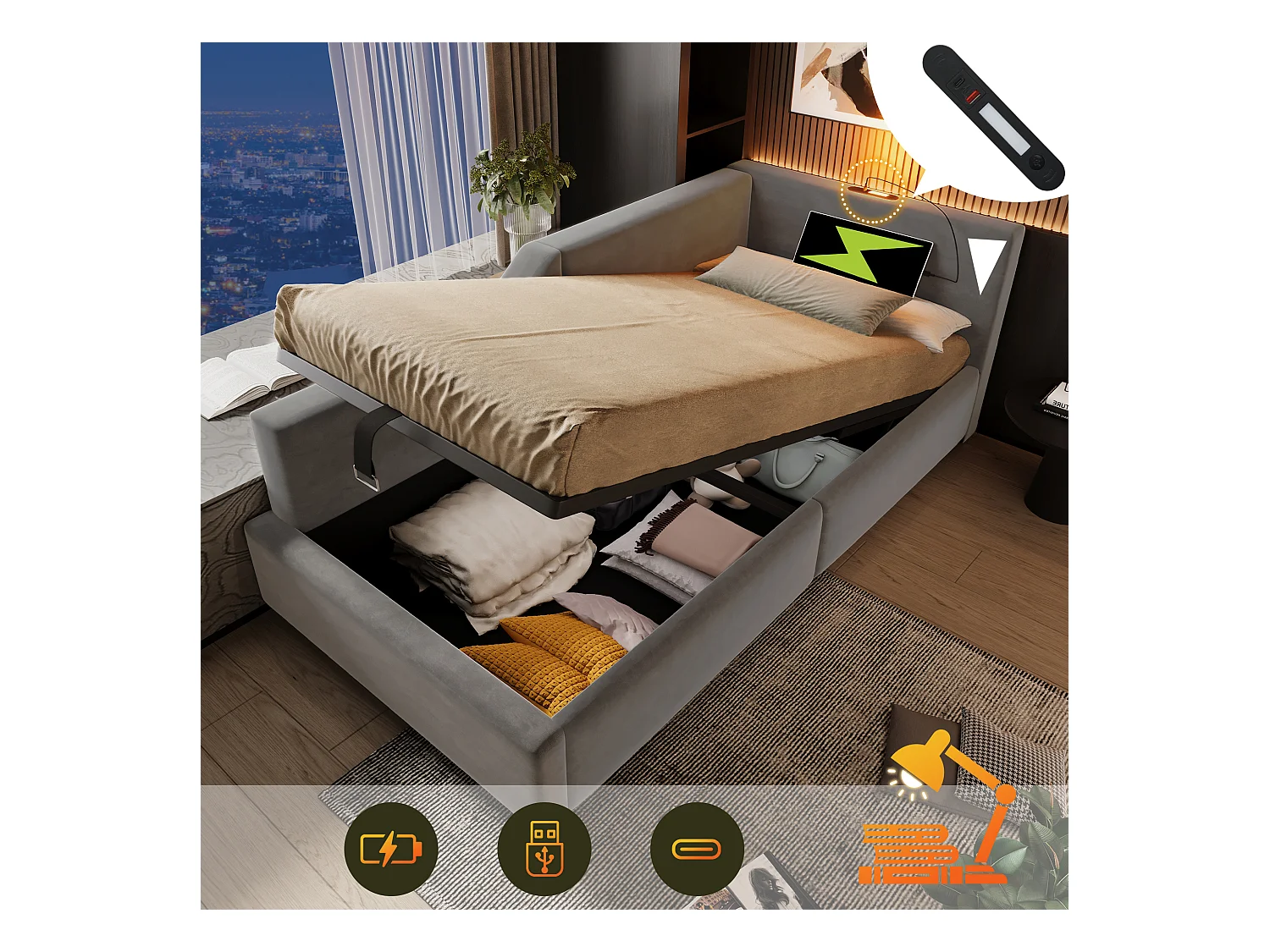 Opbergbed 90 x 200 cm, slaapbank met leeslamp en USB-C stopcontact - Fluweel - Grijs (zonder matras)