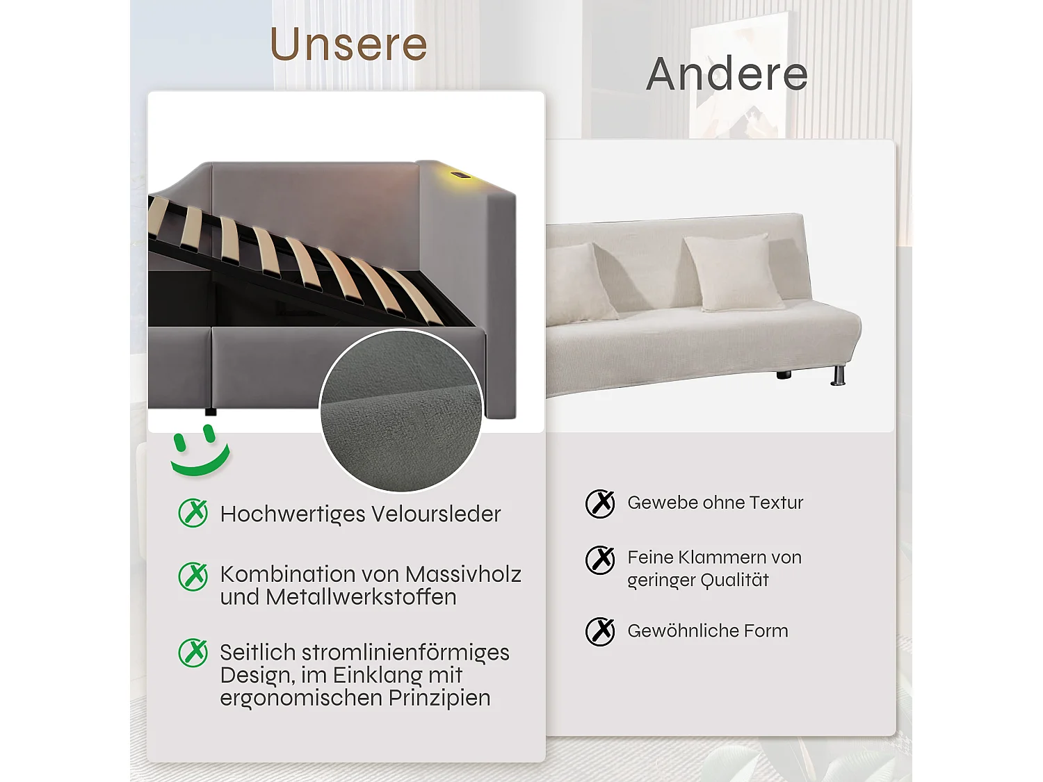 Lit coffre 90 x 200 cm, canapé-lit avec lampe de lecture et prise USB-C - Velours - Gris (sans matelas)