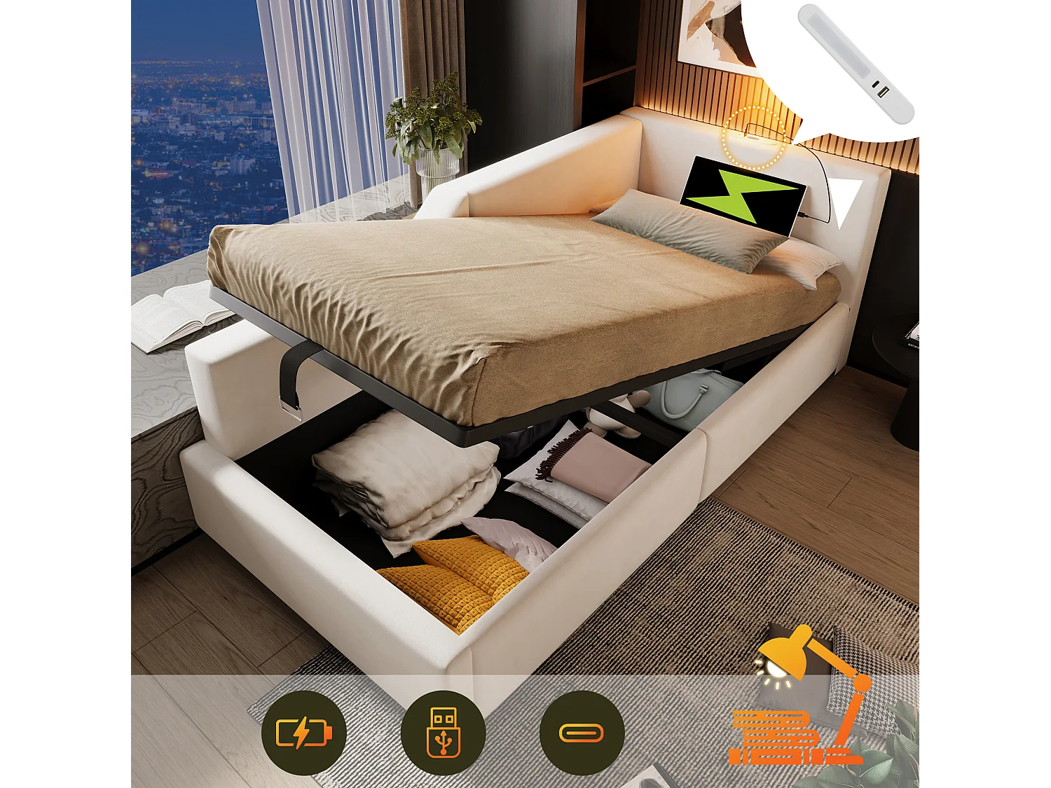 Opbergbed 90 x 190 cm, slaapbank met leeslamp en USB-C stopcontact - Fluweel - Beige (zonder matras)