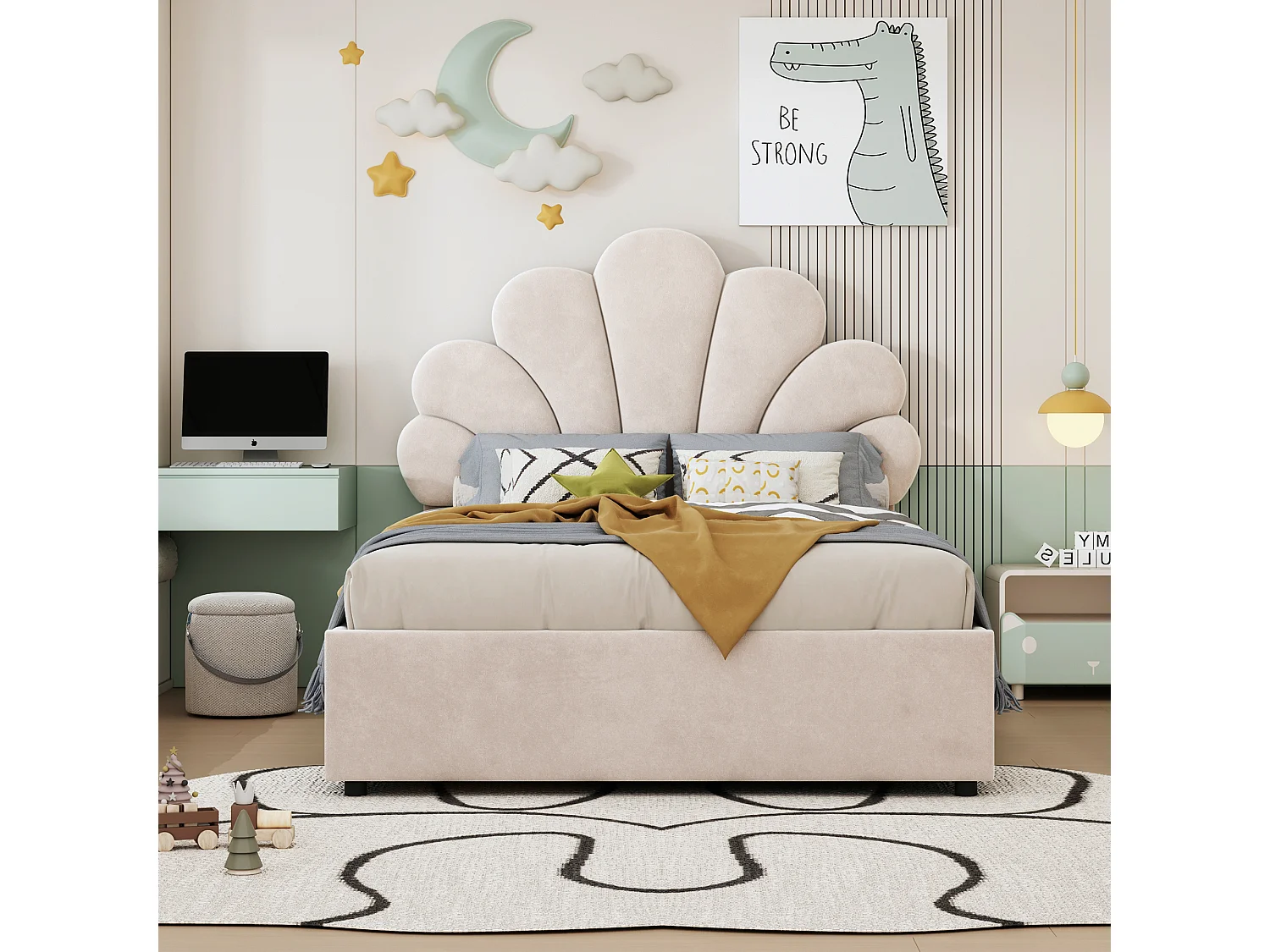 Letto contenitore 90 x 200 cm con testiera floreale regolabile - tessuto in velluto - beige (senza materasso)