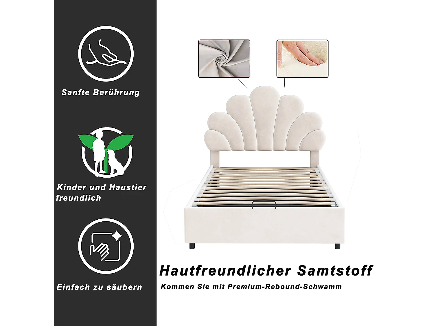 Letto contenitore 90 x 200 cm con testiera floreale regolabile - tessuto in velluto - beige (senza materasso)