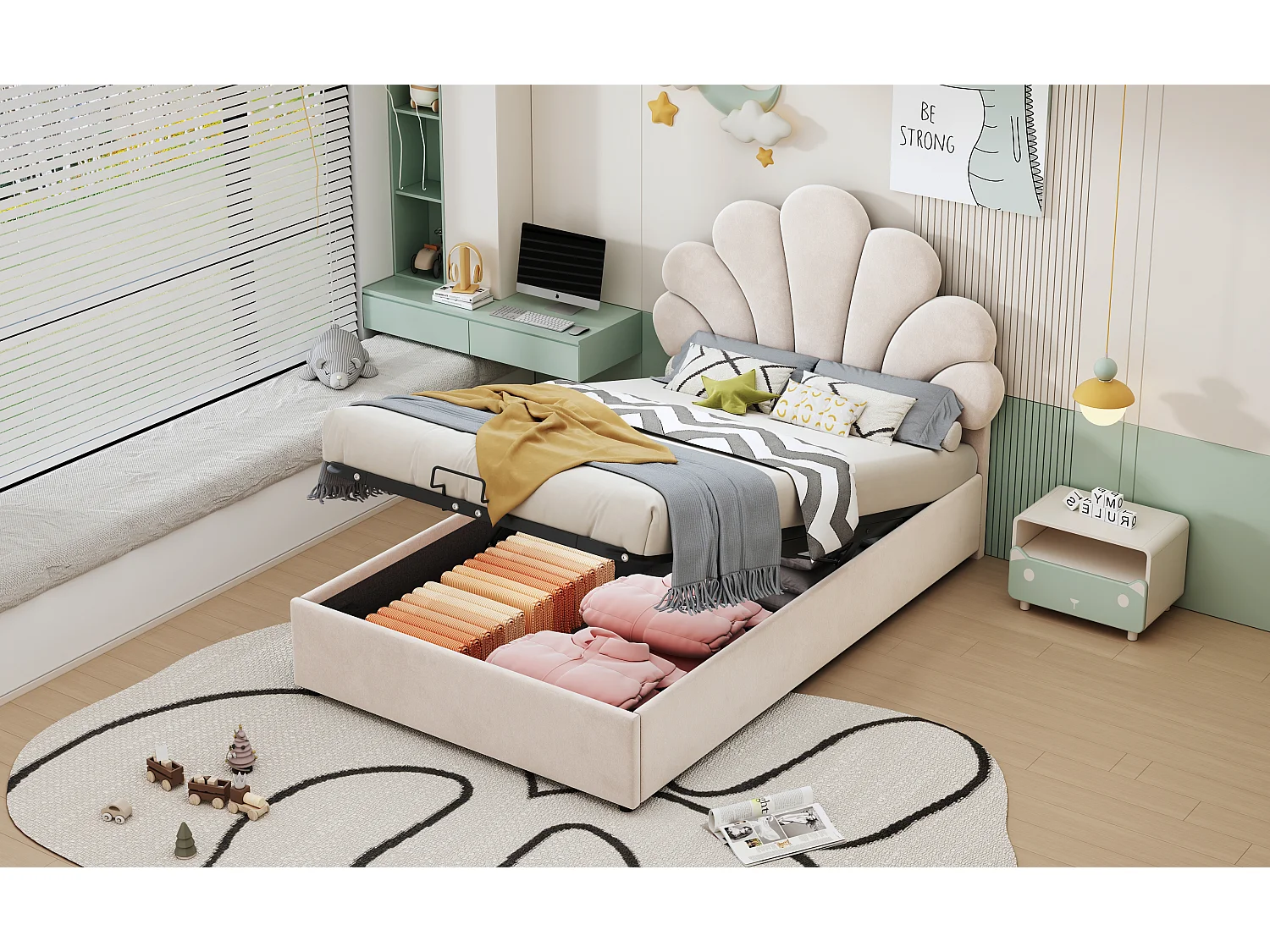 Letto contenitore 90 x 200 cm con testiera floreale regolabile - tessuto in velluto - beige (senza materasso)