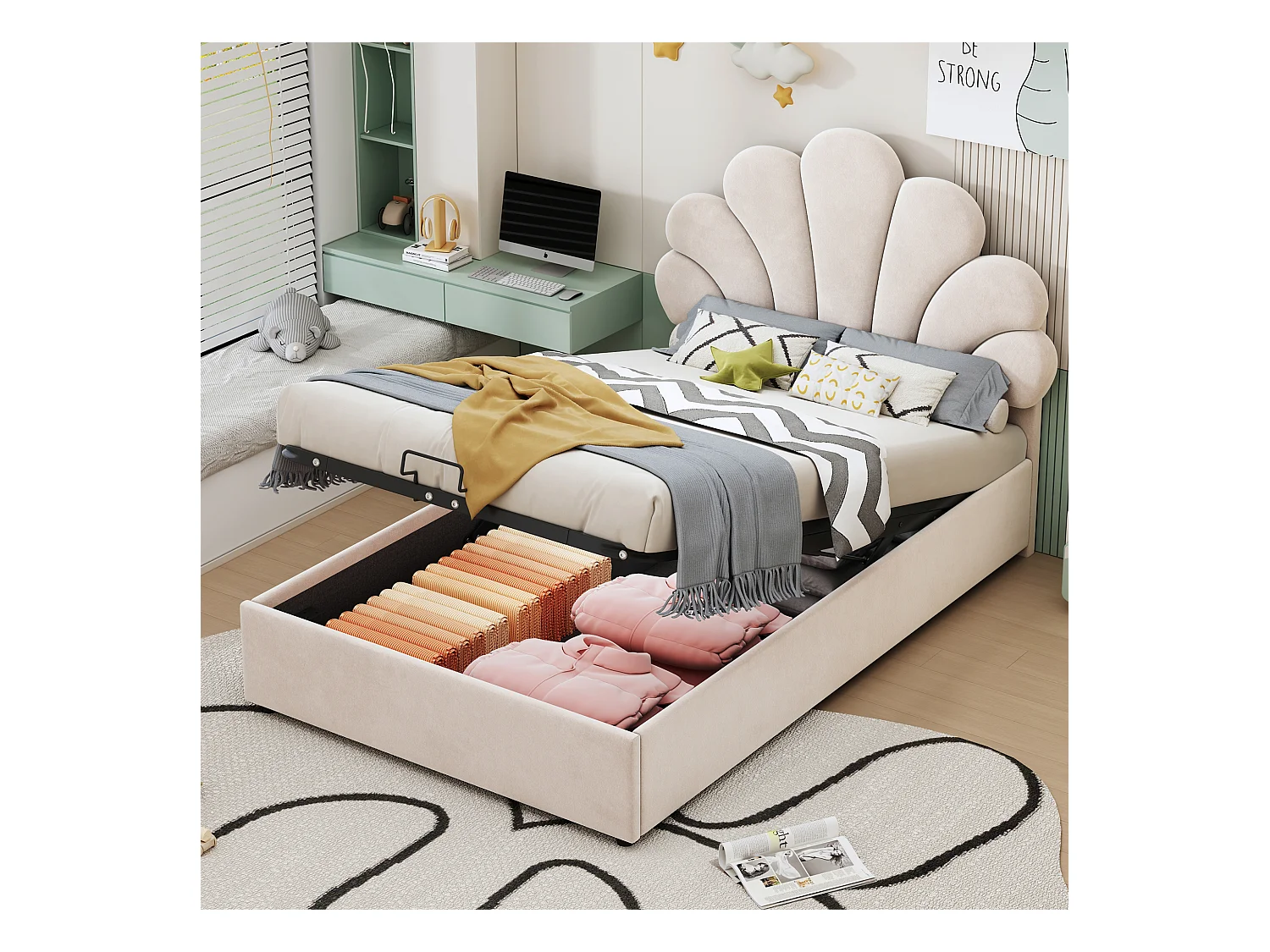 Lit coffre 90 x 200 cm avec tête de lit fleurie réglable - tissu velours - beige (sans matelas)