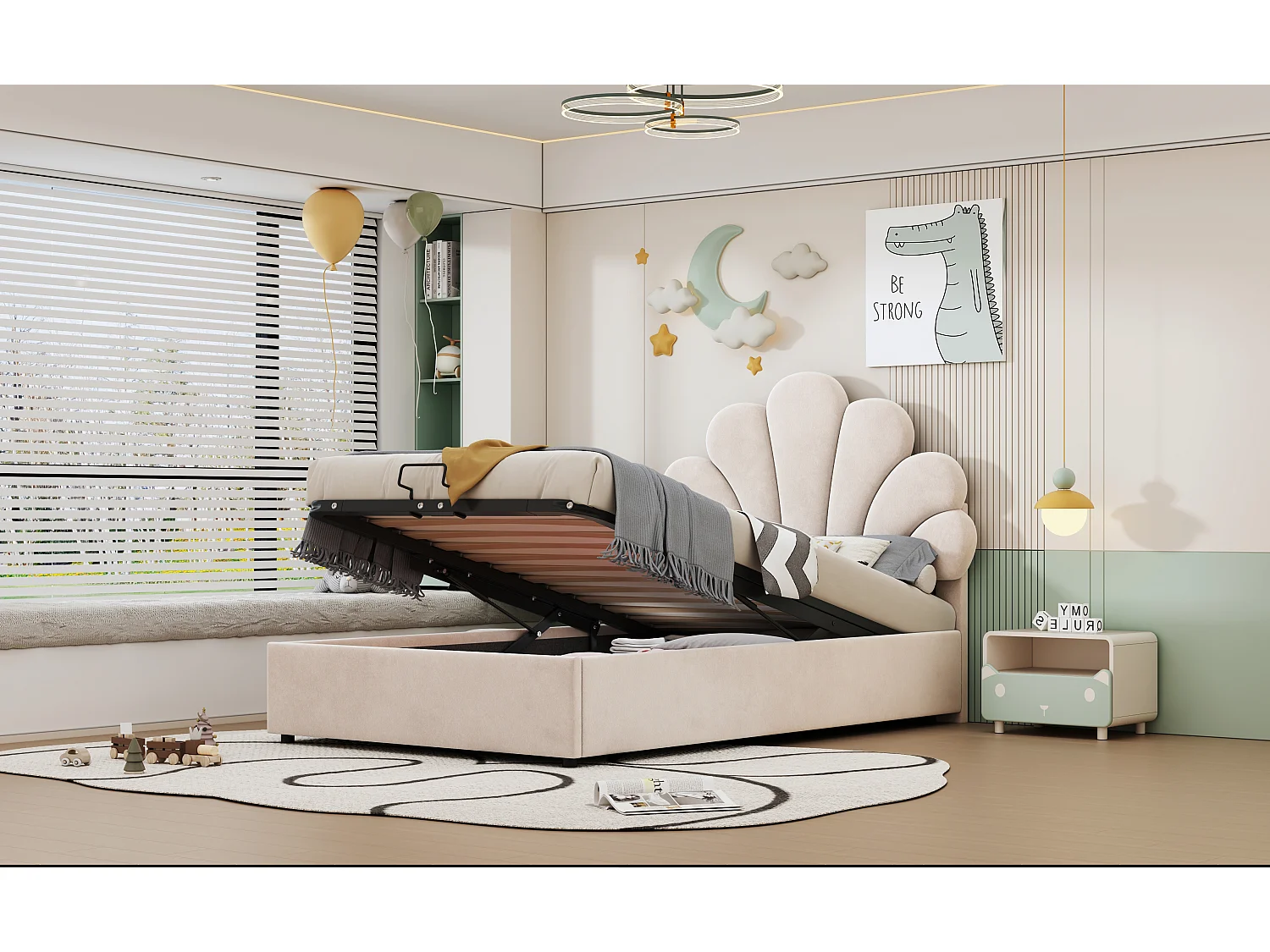 Opbergbed 90 x 200 cm met verstelbaar bloemenhoofdeinde - fluwelen stof - beige (zonder matras)