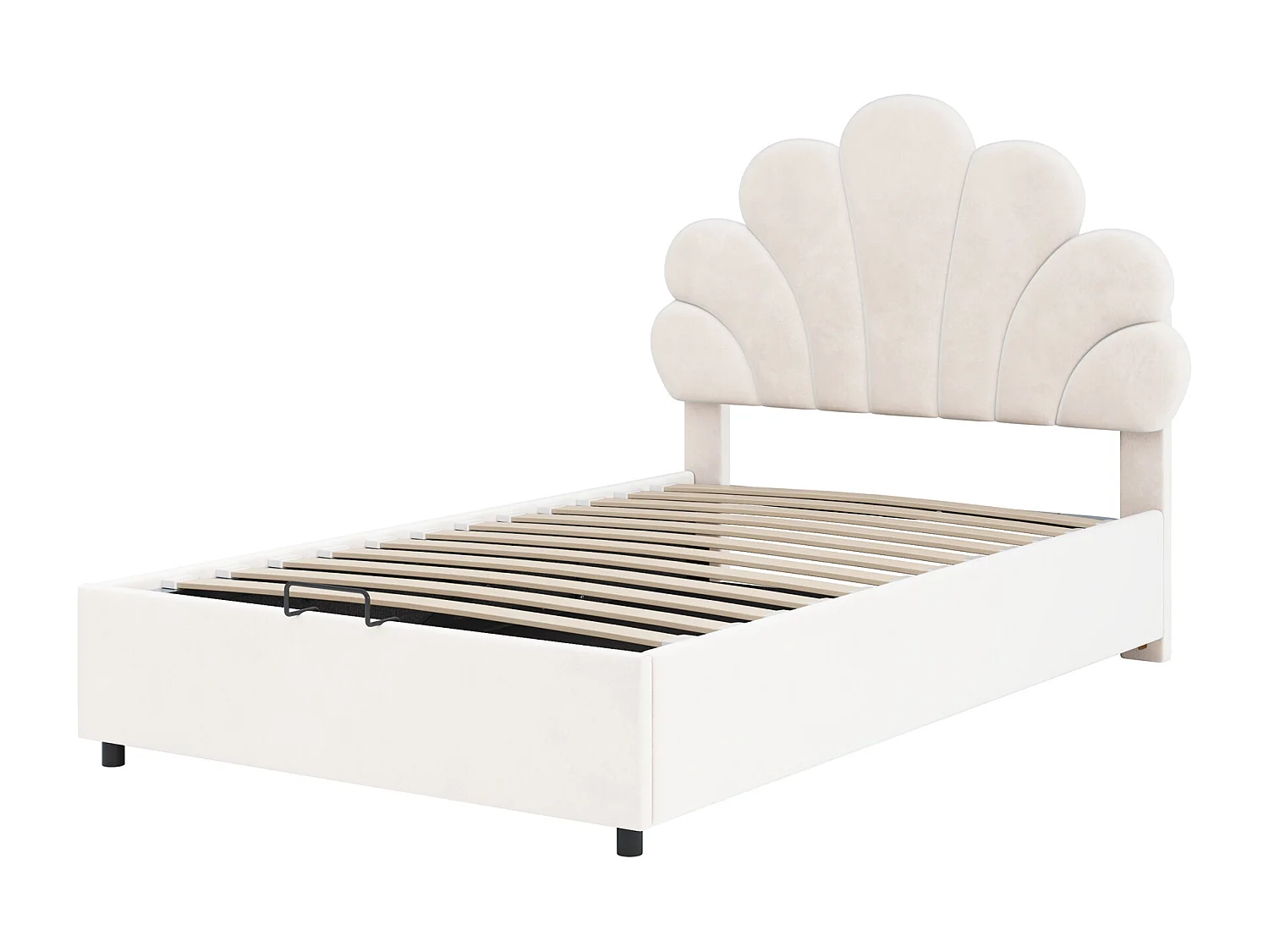 Opbergbed 90 x 200 cm met verstelbaar bloemenhoofdeinde - fluwelen stof - beige (zonder matras)