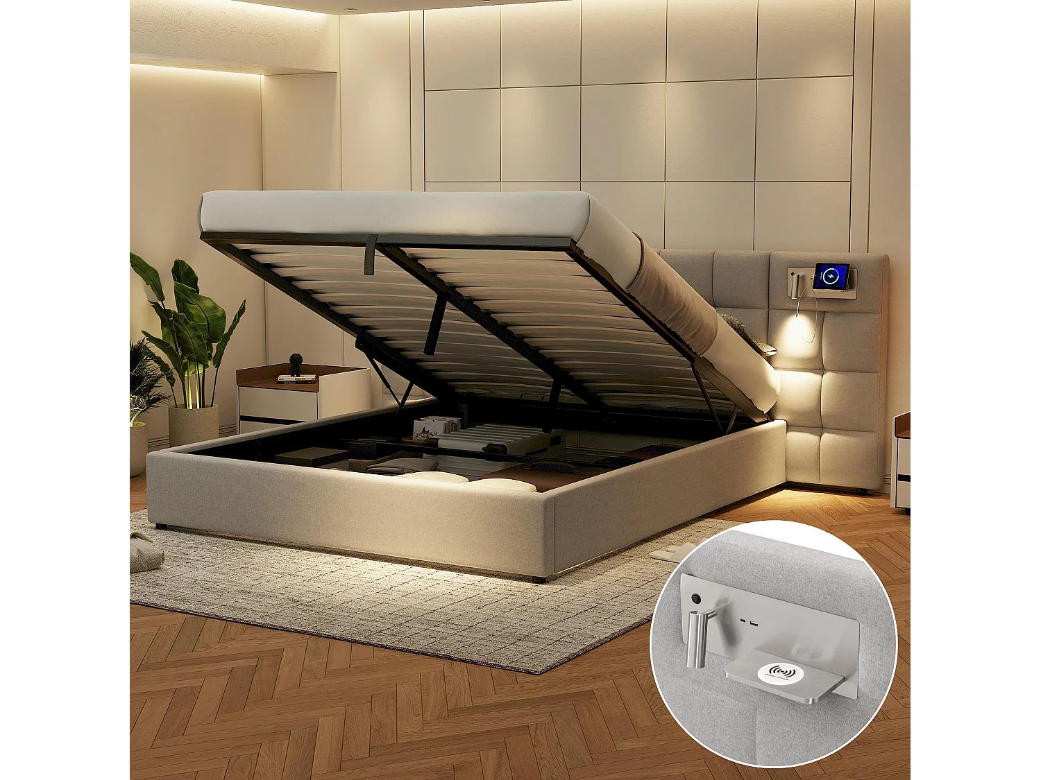 Letto contenitore 180 x 200 cm con testiera ampia - Porta USB e ricarica wireless e lampada luminosa - Tessuto di lino - Grigio (senza materasso)