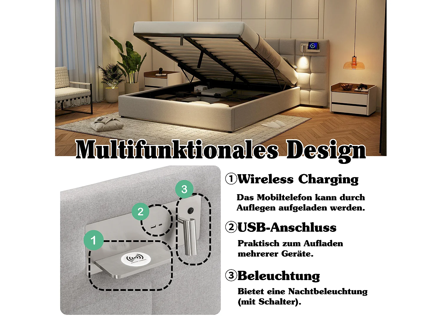 Letto contenitore 180 x 200 cm con testiera ampia - Porta USB e ricarica wireless e lampada luminosa - Tessuto di lino - Grigio (senza materasso)