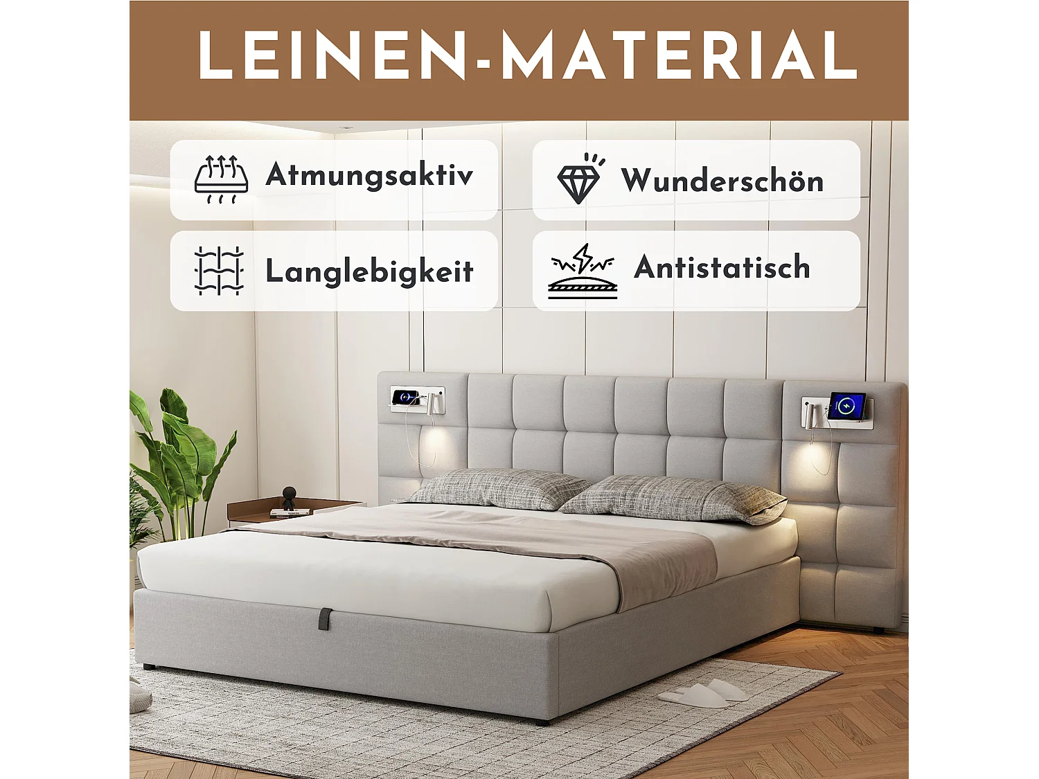 Letto contenitore 180 x 200 cm con testiera ampia - Porta USB e ricarica wireless e lampada luminosa - Tessuto di lino - Grigio (senza materasso)