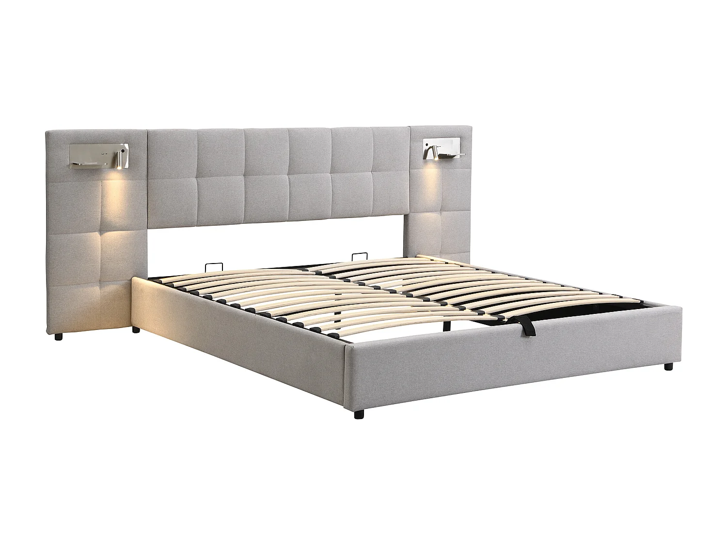 Letto contenitore 180 x 200 cm con testiera ampia - Porta USB e ricarica wireless e lampada luminosa - Tessuto di lino - Grigio (senza materasso)
