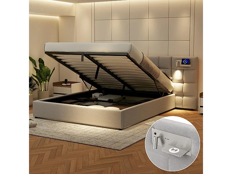 Cama de armazenamento 180 x 200 cm com cabeceira grande - Porta USB e carregamento sem fio e luminária - Tecido de linho - Cinza (sem colchão)