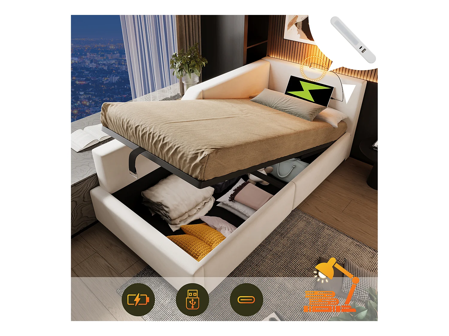 Bettkasten 90 x 200 cm, Schlafsofa mit Leselampe und USB-C-Buchse – Samt – Beige (ohne Matratze)