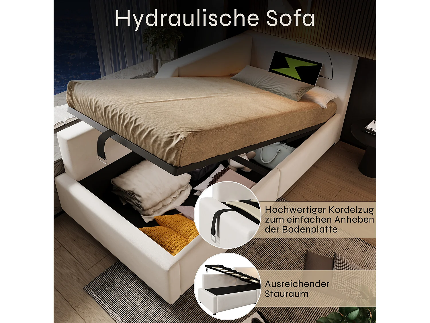 Bettkasten 90 x 200 cm, Schlafsofa mit Leselampe und USB-C-Buchse – Samt – Beige (ohne Matratze)