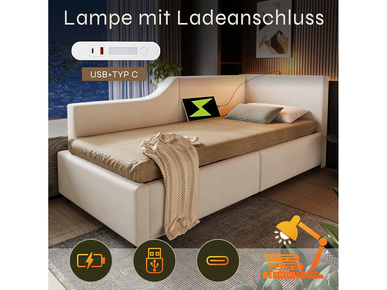 Bettkasten 90 x 200 cm, Schlafsofa mit Leselampe und USB-C-Buchse – Samt – Beige (ohne Matratze)