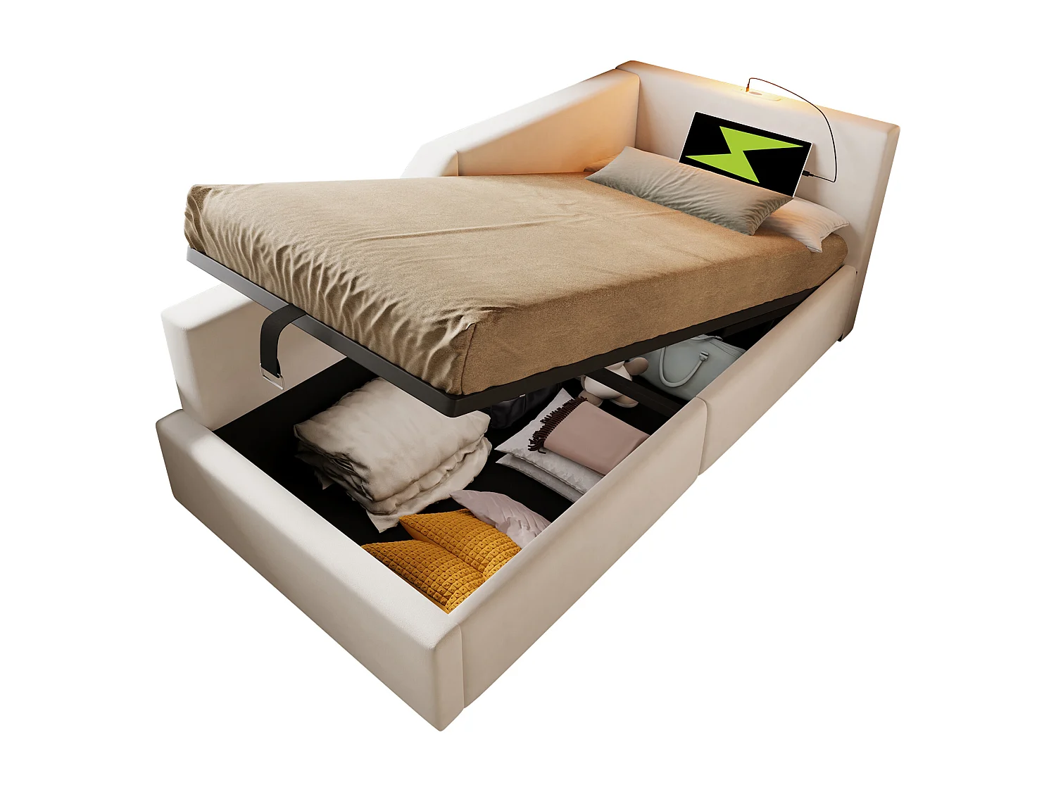 Bettkasten 90 x 200 cm, Schlafsofa mit Leselampe und USB-C-Buchse – Samt – Beige (ohne Matratze)