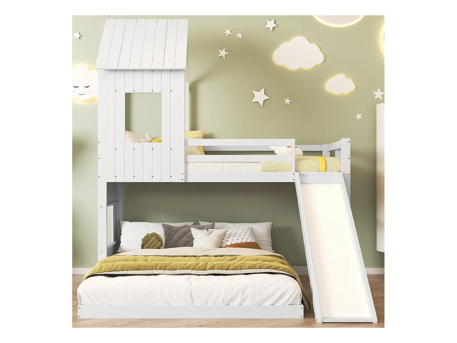 Lits superposés 90 x 200 cm + 140 x 200 cm avec toboggan, fenêtre et toit pour enfant - bois de pin + MDF - blanc (sans matelas)