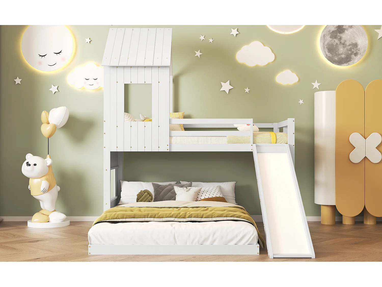 Lits superposés 90 x 200 cm + 140 x 200 cm avec toboggan, fenêtre et toit pour enfant - bois de pin + MDF - blanc (sans matelas)