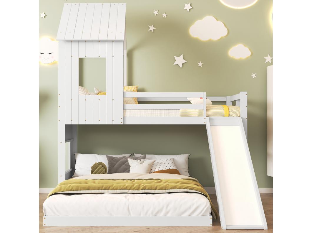 Literas 90 x 200 cm + 140 x 200 cm con tobogán, ventana y techo para niños - madera de pino + MDF - blanco (sin colchón)