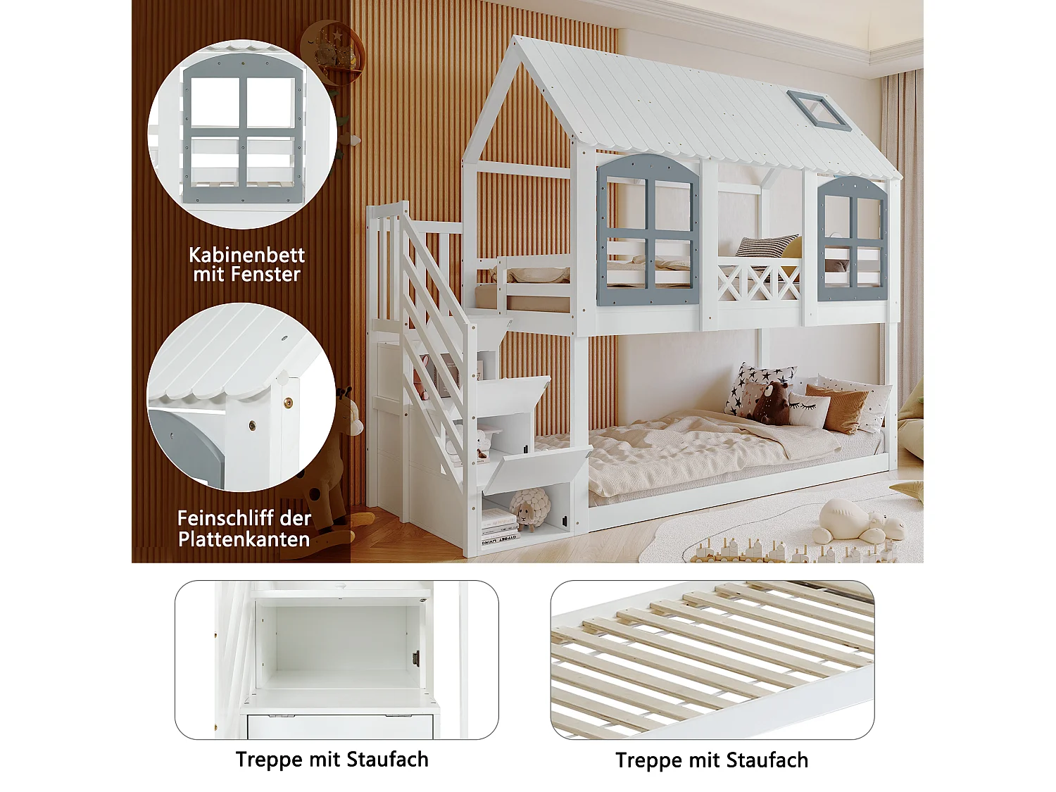 Literas 2 x 90 x 200 cm con 3 cajones y escaleras - madera de pino+MDF - madera de pino - blanco (sin colchón)