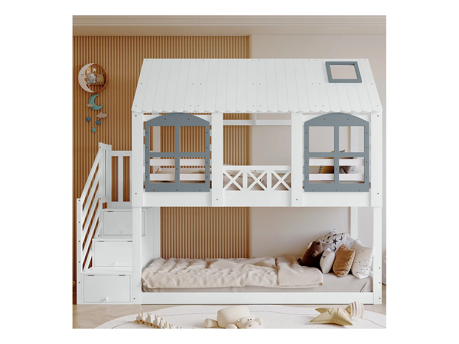 Lits superposés 2 x 90 x 200 cm avec 3 tiroirs et escalier - bois de pin+MDF - bois de pin - blanc (sans matelas)