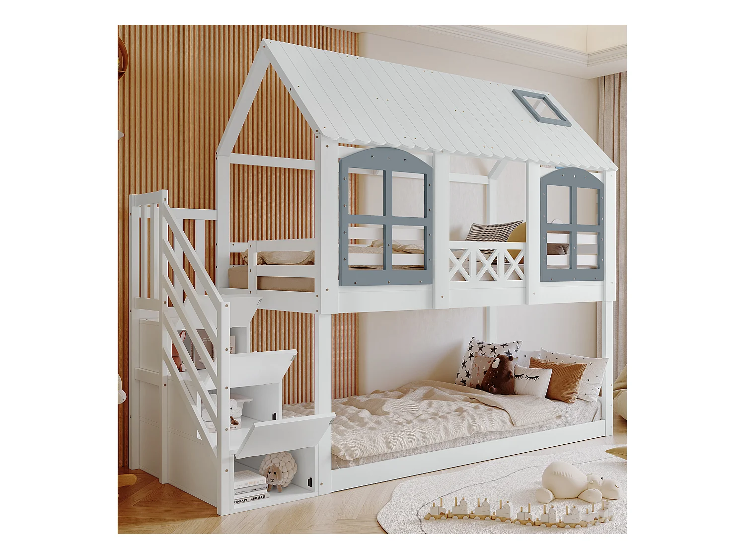 Lits superposés 2 x 90 x 200 cm avec 3 tiroirs et escalier - bois de pin+MDF - bois de pin - blanc (sans matelas)