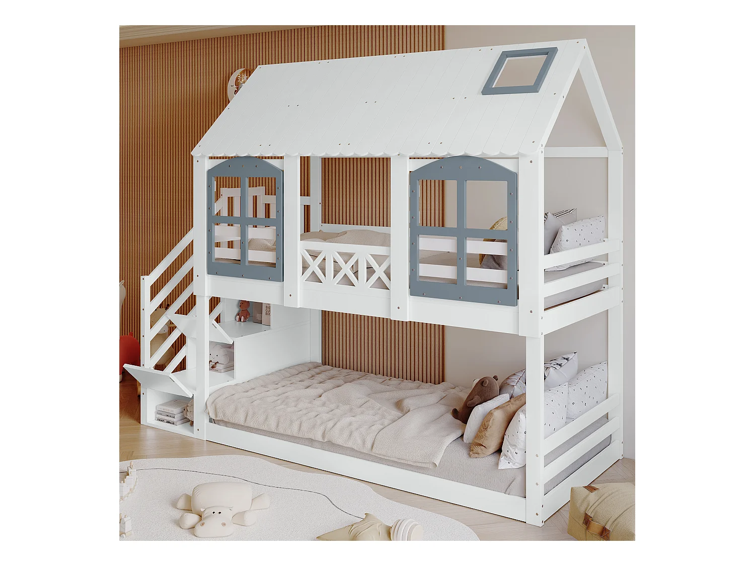 Lits superposés 2 x 90 x 200 cm avec 3 tiroirs et escalier - bois de pin+MDF - bois de pin - blanc (sans matelas)