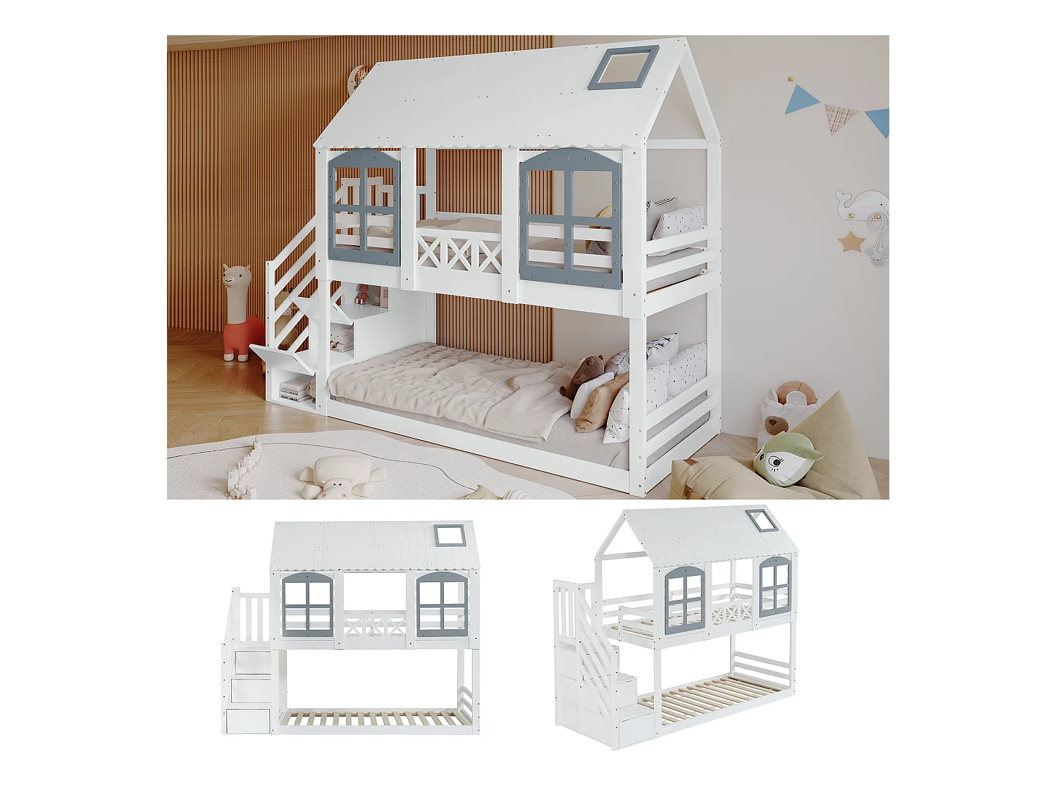 Lits superposés 2 x 90 x 200 cm avec 3 tiroirs et escalier - bois de pin+MDF - bois de pin - blanc (sans matelas)