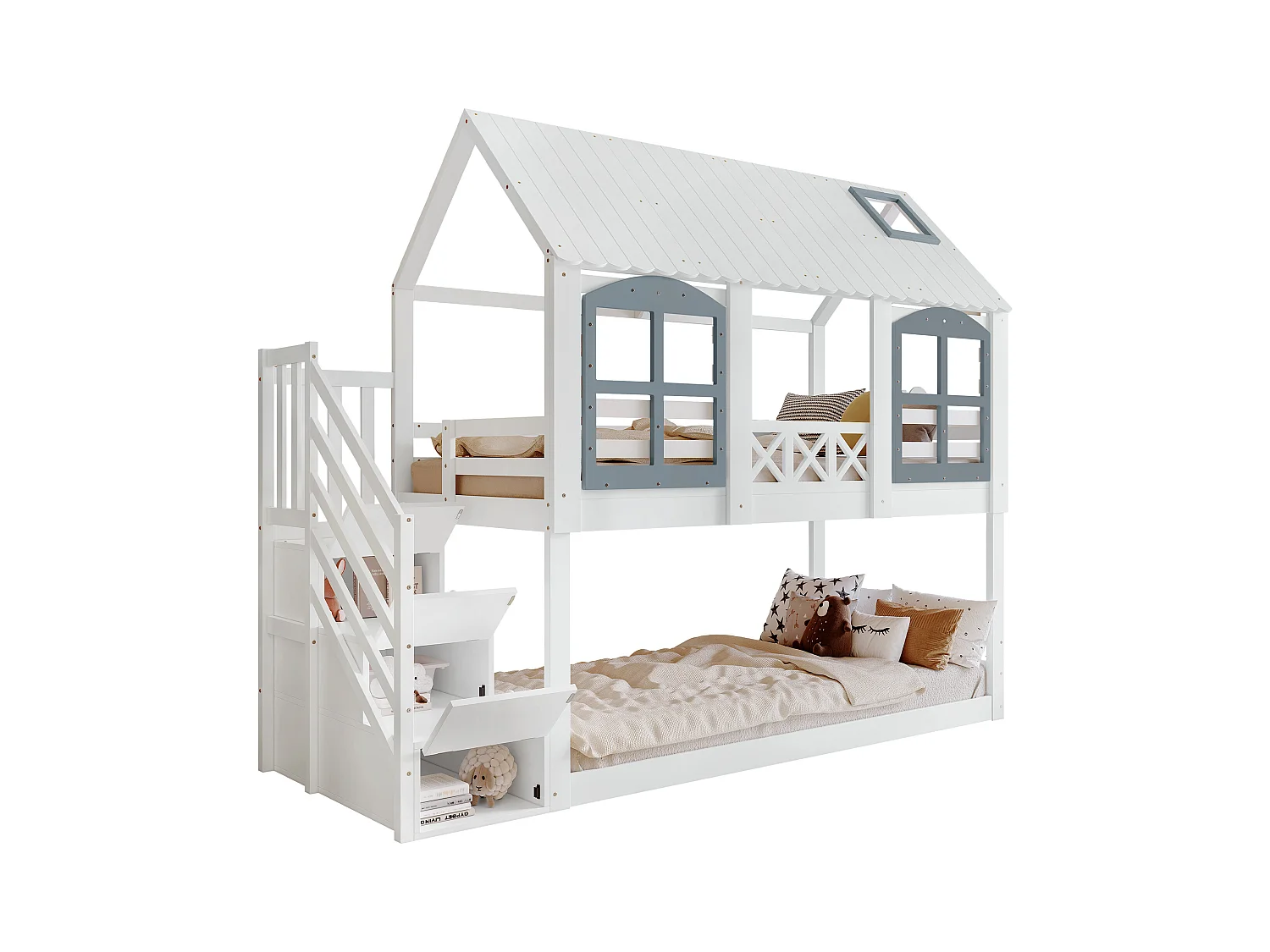 Lits superposés 2 x 90 x 200 cm avec 3 tiroirs et escalier - bois de pin+MDF - bois de pin - blanc (sans matelas)