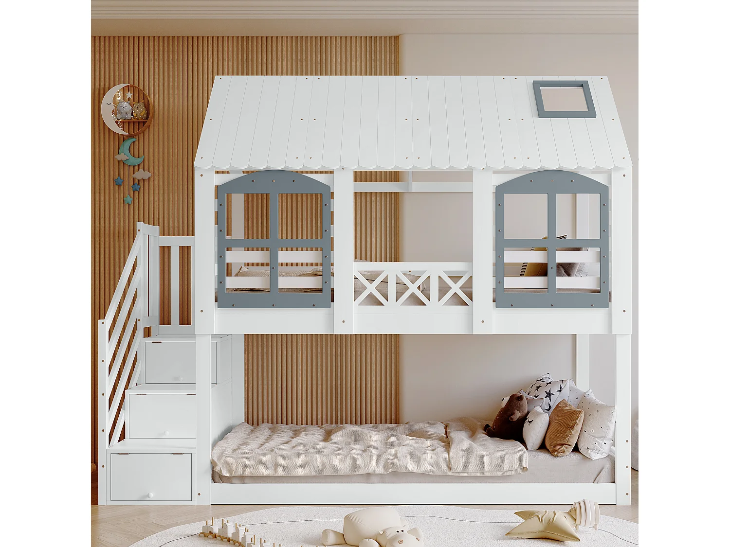 Etagenbetten 2 x 90 x 200 cm mit 3 Schubladen und Treppe – Kiefernholz+MDF – Kiefernholz – weiß (ohne Matratze)