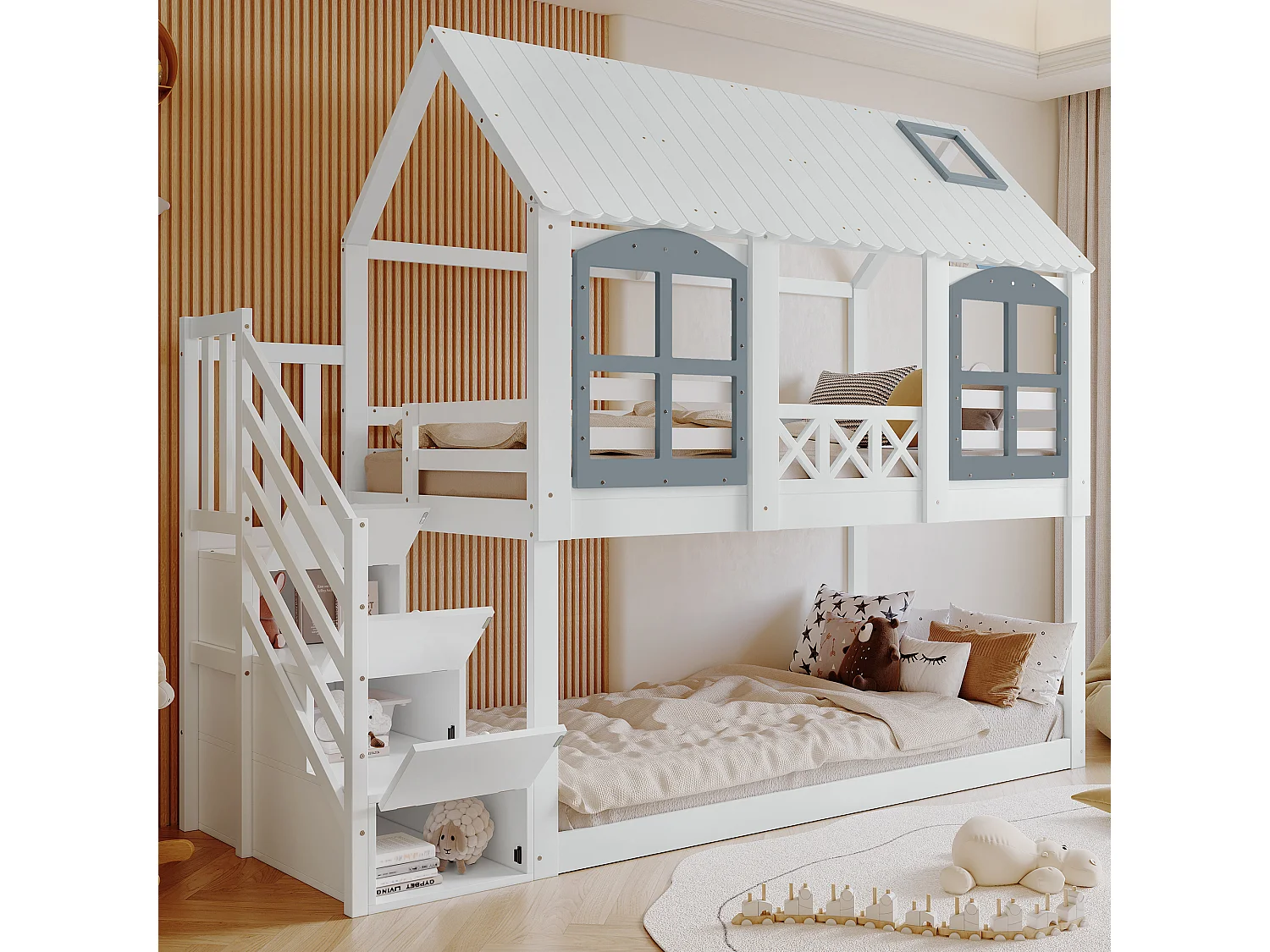 Etagenbetten 2 x 90 x 200 cm mit 3 Schubladen und Treppe – Kiefernholz+MDF – Kiefernholz – weiß (ohne Matratze)