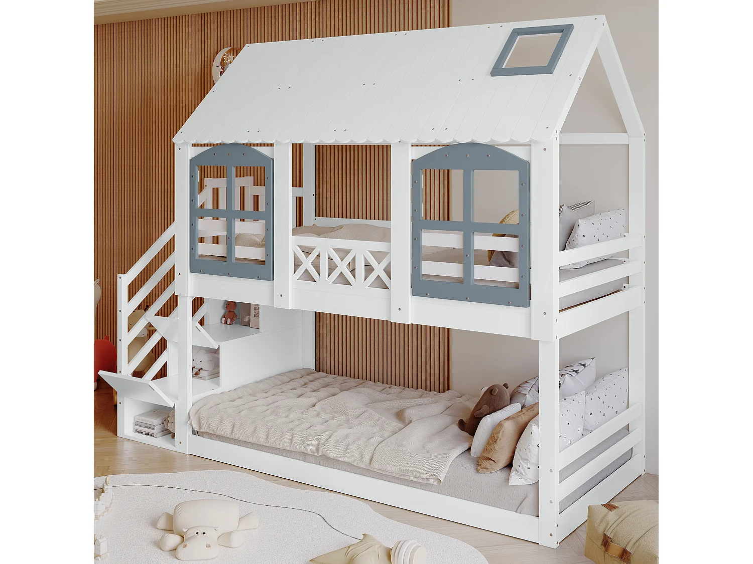 Etagenbetten 2 x 90 x 200 cm mit 3 Schubladen und Treppe – Kiefernholz+MDF – Kiefernholz – weiß (ohne Matratze)