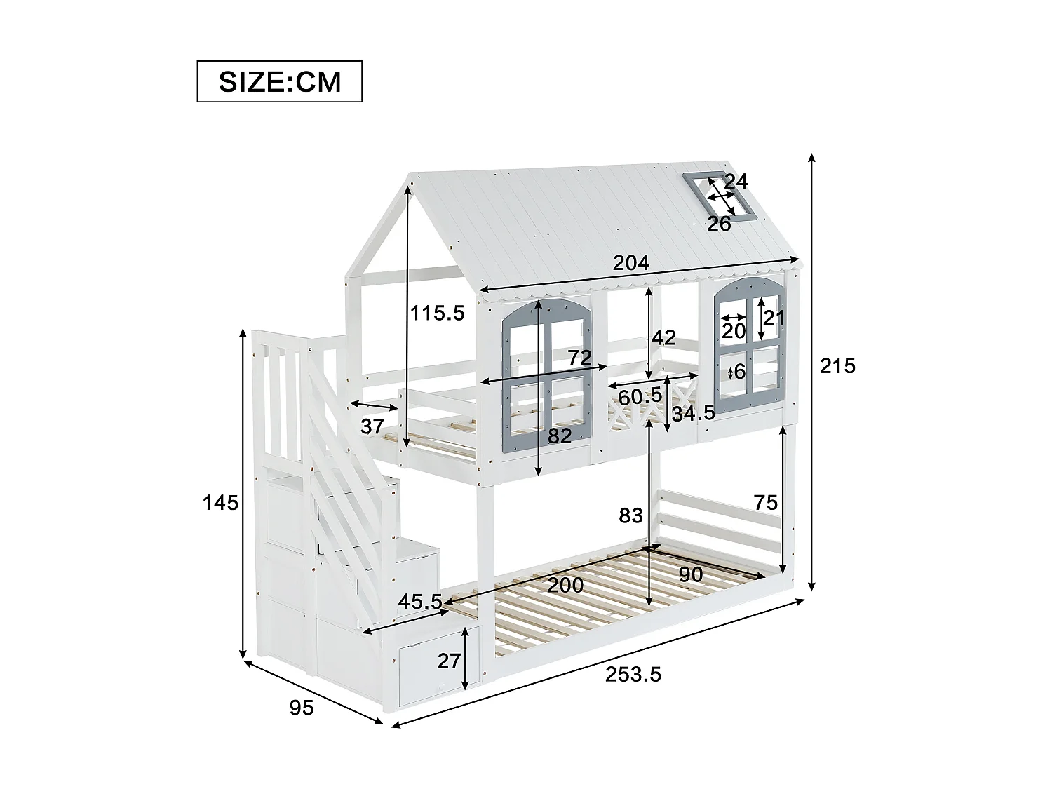 Etagenbetten 2 x 90 x 200 cm mit 3 Schubladen und Treppe – Kiefernholz+MDF – Kiefernholz – weiß (ohne Matratze)