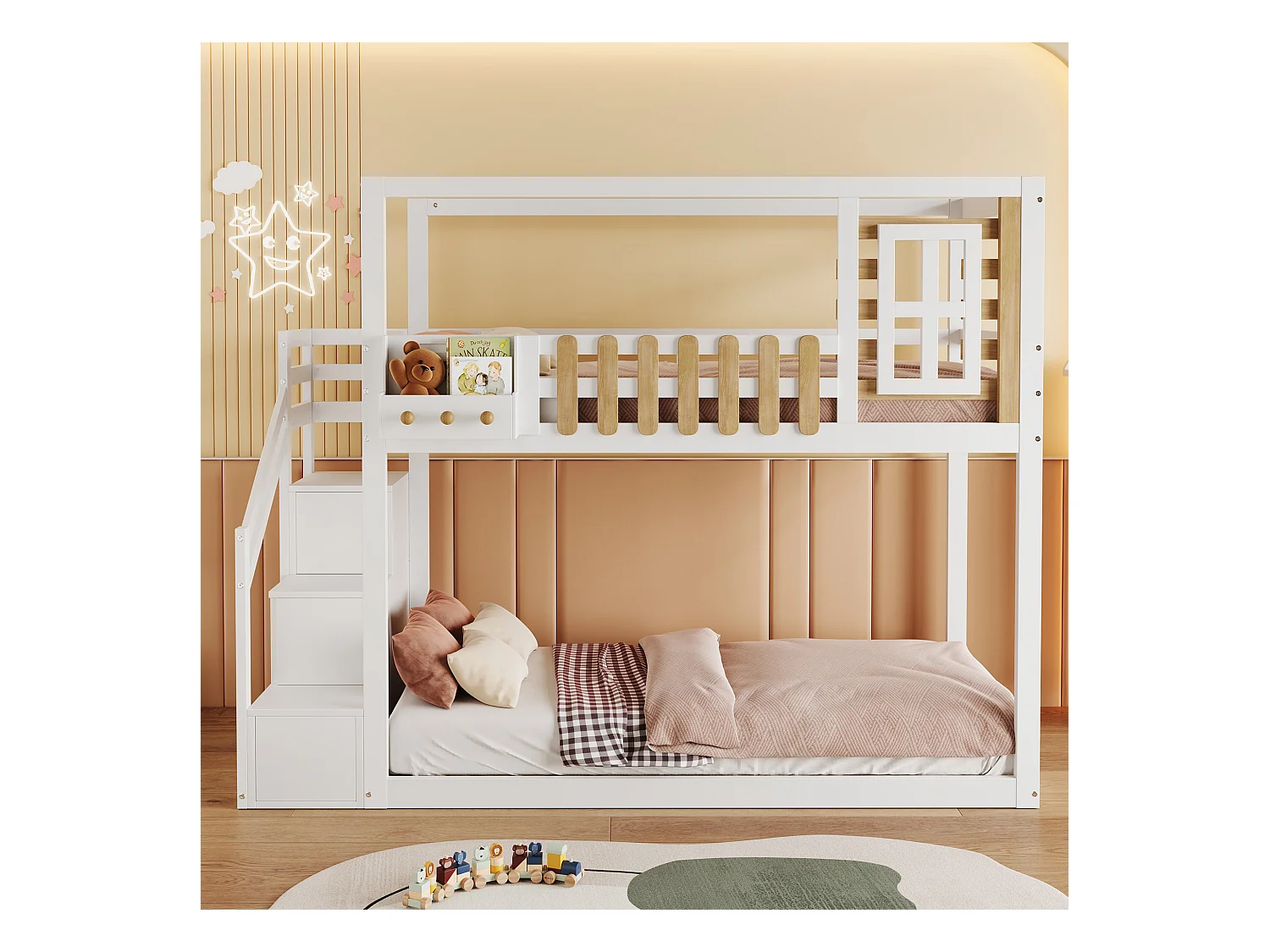 Lits superposés 2 x 90 x 200 cm avec escalier, fenêtre et 3 casiers - bois de pin + MDF - blanc (sans matelas)