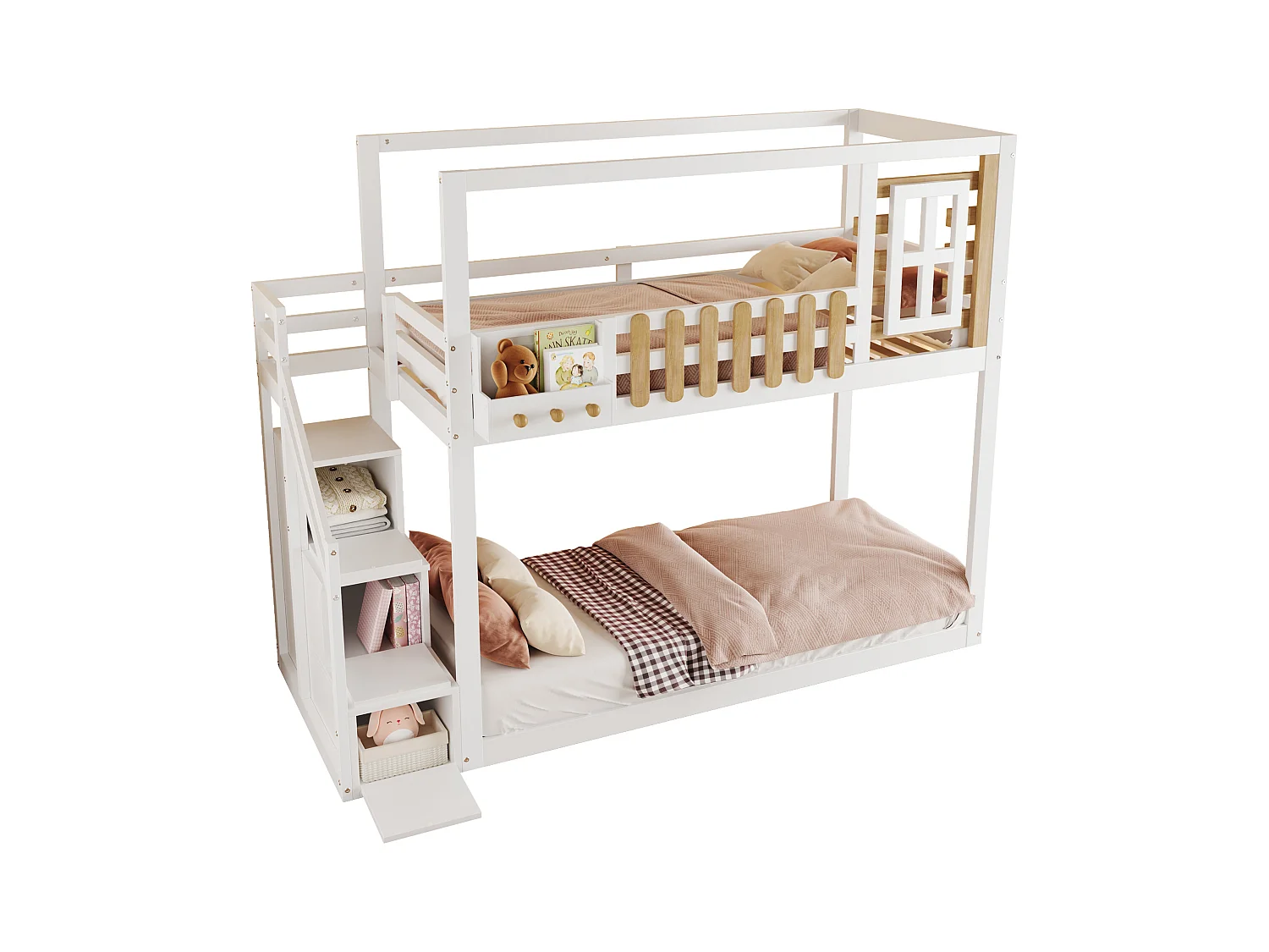 Lits superposés 2 x 90 x 200 cm avec escalier, fenêtre et 3 casiers - bois de pin + MDF - blanc (sans matelas)